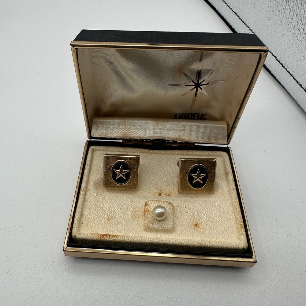 Vintage Swank Texas Star Cuff Links Set Gold Tone Square Shape Tie Pin
